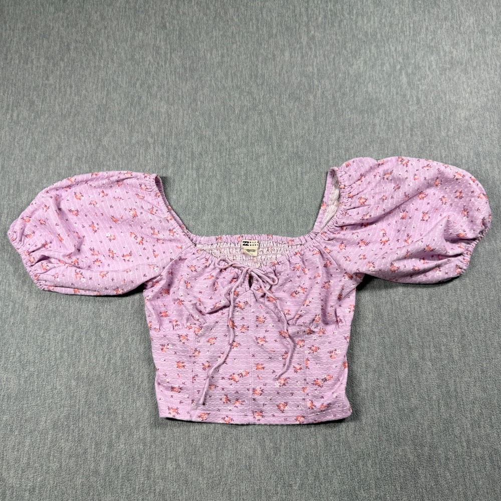Billabong Top Womens M Purple Floral Smocked Puff Sleeve Sweetheart Blouse 12509
